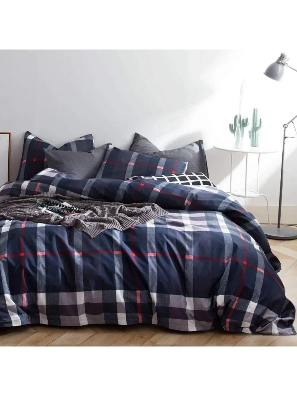 Navy Blue Plaid Comforter Set Full - Vintage Buffalo Check Bedding for Teen Boys